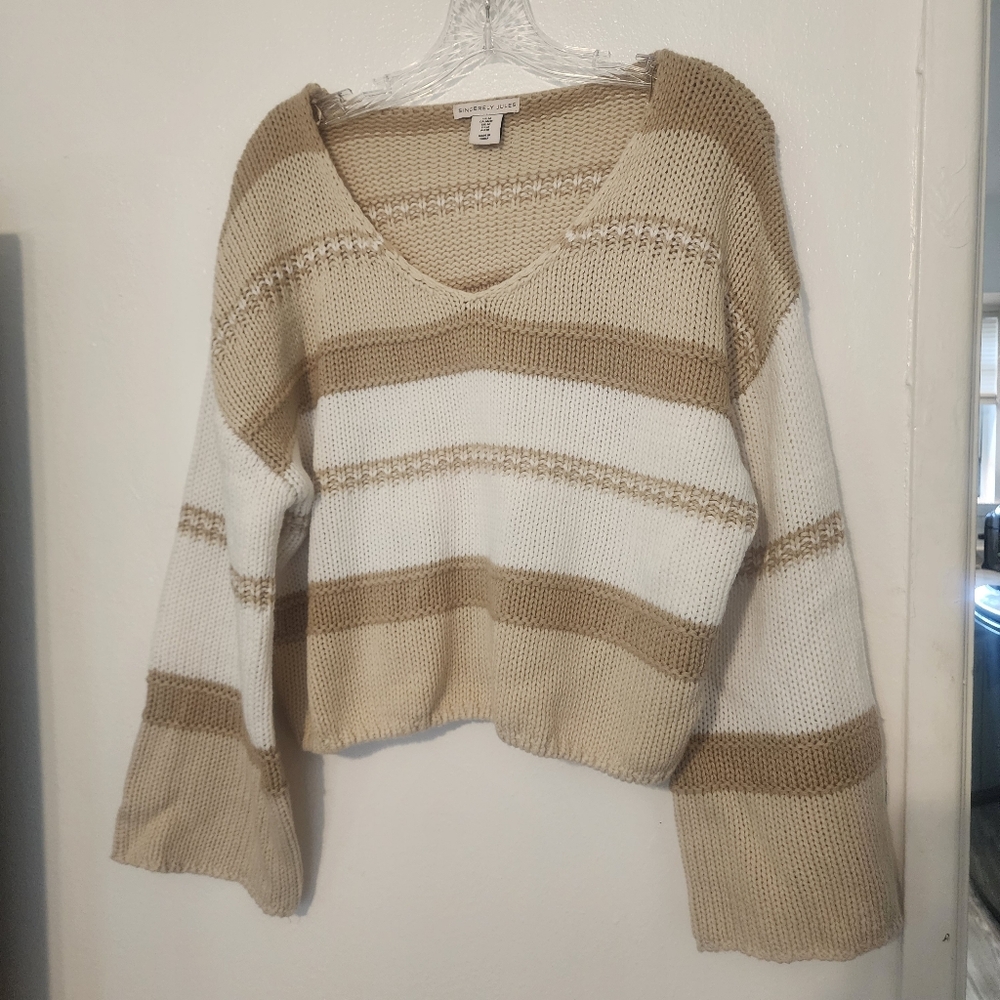 Sincerely Jules Beige and White Striped V-Neck Sweater
